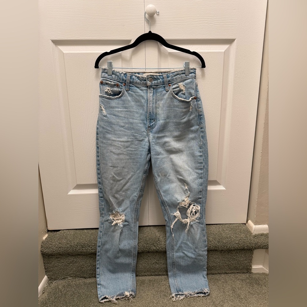 Abercrombie & Fitch Light Blue Distressed High Rise Mom Jeans Curve Love